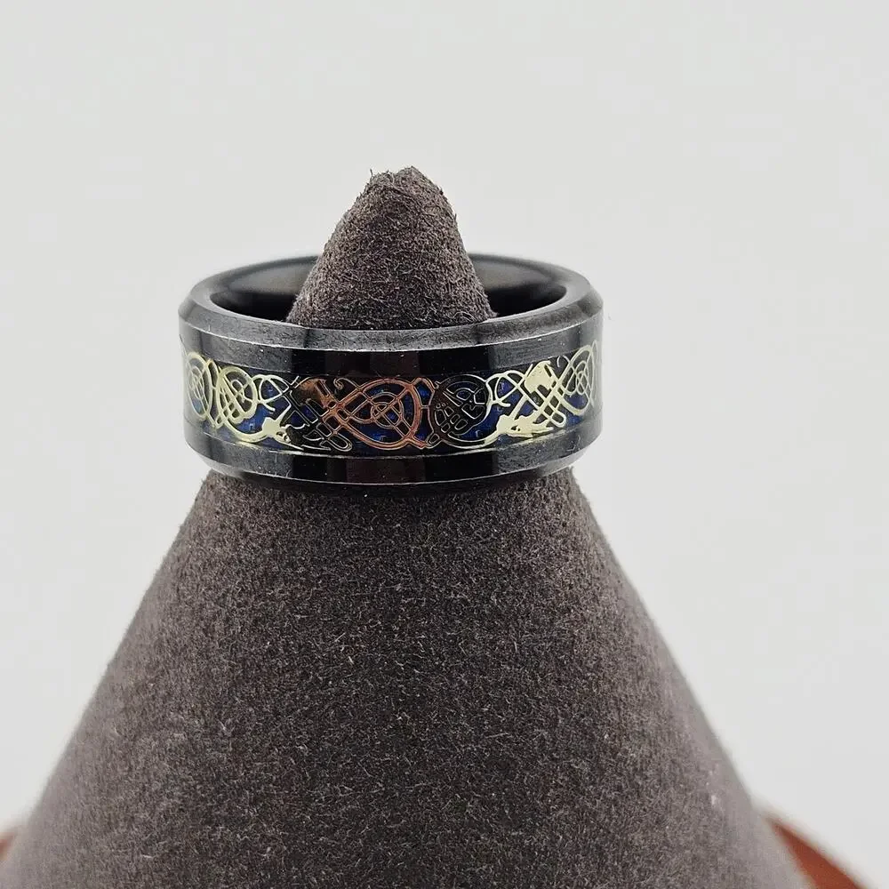 Tungsten Carbide Ring Band Black Gold Celtic Renaissance Style Pattern Size 6